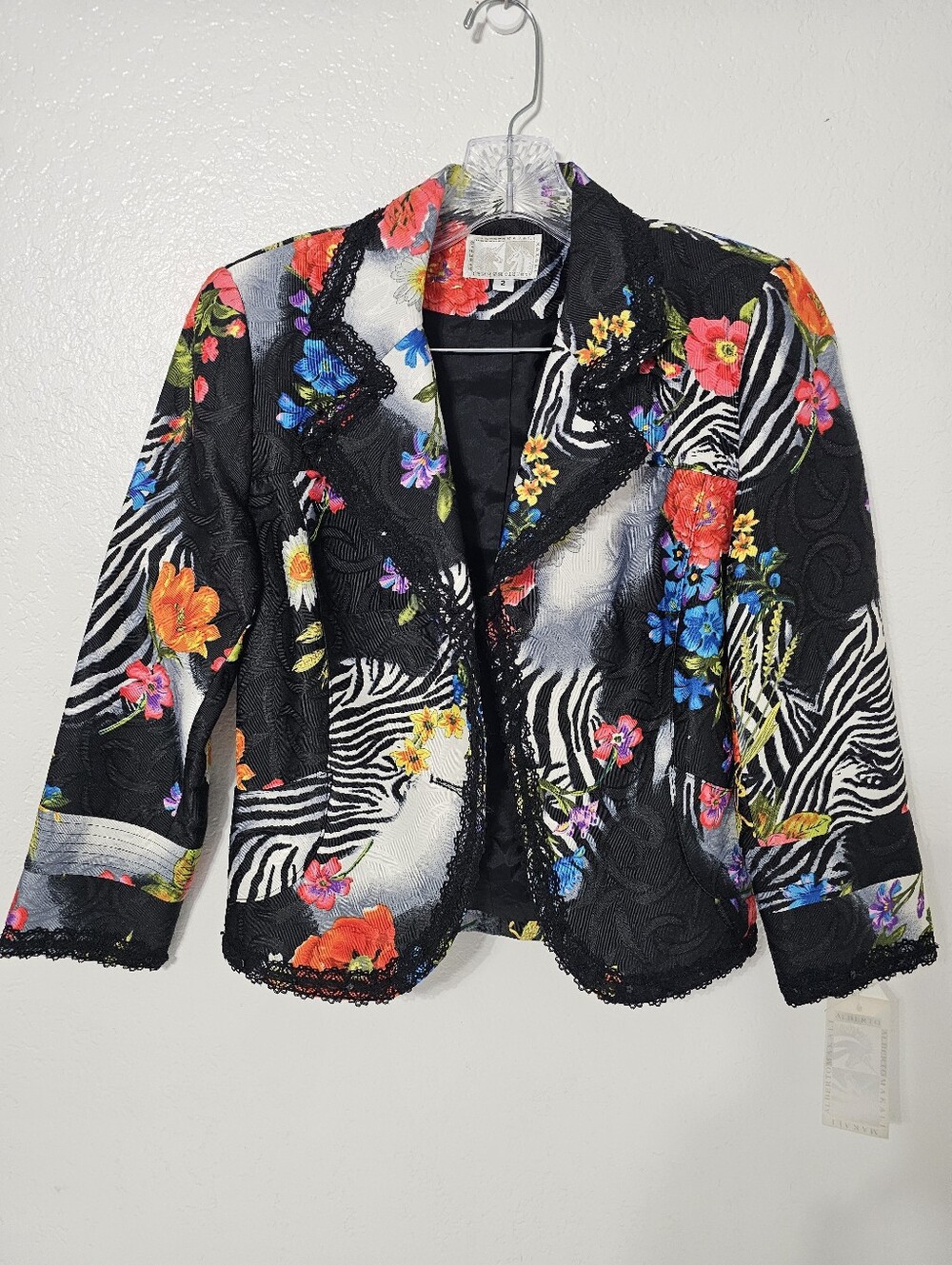 Alberto Makali Zebra Floral Lace Trim Jacket Blazer Women’s Size 2  Art to Wear - Picture 2 of 10